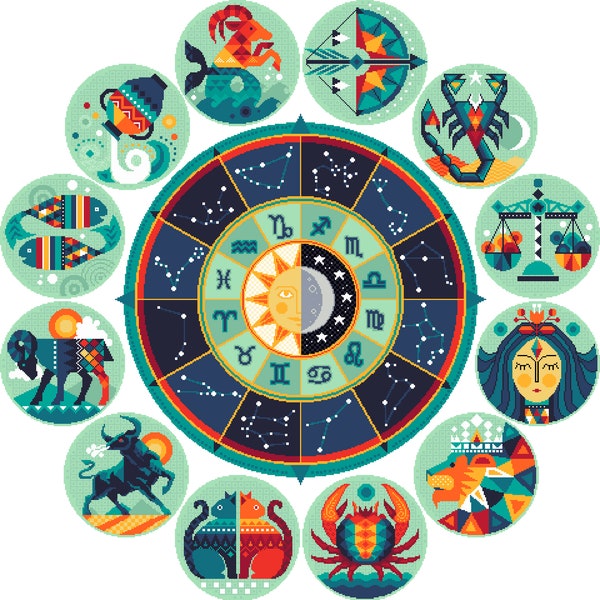 Cross stitch pattern Zodiac Celestial Sun and moon - Astrological Horoscope - Star sign cross stitch chart Instant download - 010O