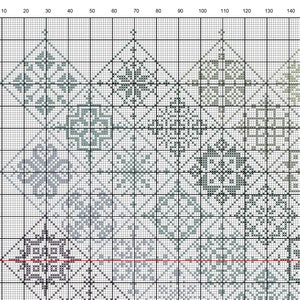 Cross Stitch Quaker Sampler, Banded rainbow tiled patchwork squares on white, Modern Folk Art design by Vivsters PDF counted chart 042A image 4