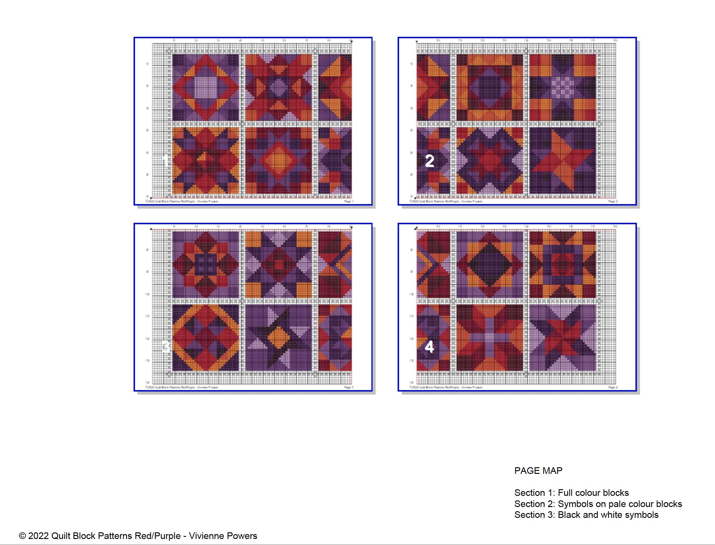 パッチワークキルトブロッククロスステッチパターン：赤紫バージョン