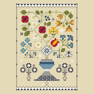 Cross Stitch Fraktur wilde bloemen in vaas, Amerikaans-Duitse primitieve sampler, Quaker stijl moderne volkskunst borduurwerk PDF geteld grafiek 096A