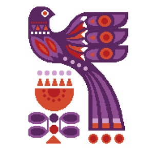 Kruissteek Scandinavische volkskunst - vogel en bloem uit het midden van de eeuw - moderne kruissteek/tapijtontwerp door Vivsters - pdf-tabel 270 geteld