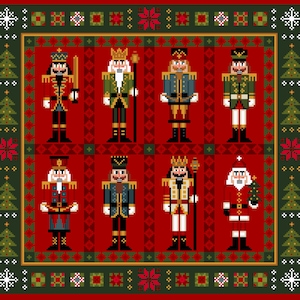Könnte beinhalten: Ein pixeliges Weihnachtsdesign mit acht Nussknacker-Figuren in verschiedenen Uniformen auf rotem Hintergrund. Das Design hat einen grünen Rand mit Weihnachtsbäumen, Schneeflocken und floralen Mustern.