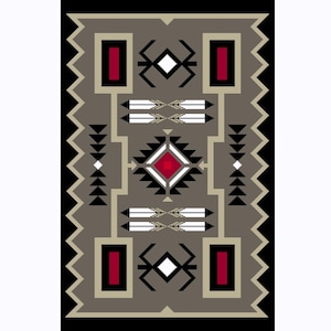 Könnte beinhalten: Ein rechteckiger Teppich mit taupefarbenem Hintergrund und einem zentralen Rautenmotiv in Rot, Weiß und Schwarz. Das Design umfasst geometrische Pfeilmuster, rechteckige Ränder und einen gezackten Rand in Schwarz und Beige.