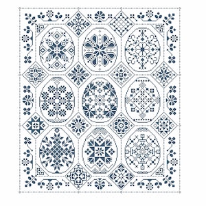 Cross Stitch pattern Quaker motif Easter Egg hunt sampler with Spring flower border modern folk mono by Vivsters PDF counted chart 133C