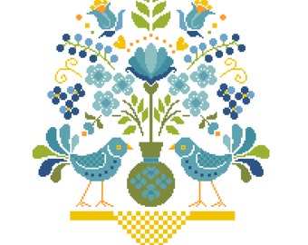 Cross Stitch Pattern Hungarian folk art flower bouquet vase and love birds Scandinavian style instant PDF chart by Vivienne Powers - 161