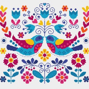 Cross Stitch Pattern Vibrant Colour Mexican Folk Art flower Cinco De Mayo Papel Picado style love birds. Instant PDF chart by Vivsters - 090