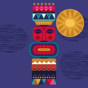 Peut inclure: Un totem coloré avec des motifs géométriques et un visage stylisé. Le totem est entouré de deux cercles à motifs rayés et d'un soleil jaune à motifs rayés.