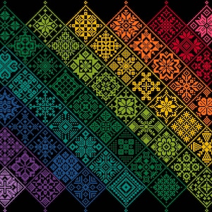 May include: A digital graphic featuring a grid of diamond-shaped tiles arranged in a diagonal rainbow gradient against a black background. Each tile contains a unique, intricate, pixelated geometric pattern in shades of purple, blue, green, yellow, orange, red, and pink.