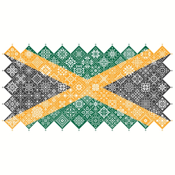 Modèle de point de croix Quaker Sampler Drapeau national de la Jamaïque carrelé patchwork carrés design patriotique par Vivsters, tableau compté PDF 042JM