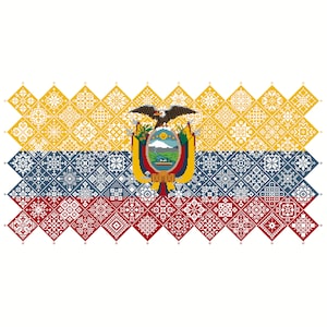 Cross Stitch Quaker Sampler Ecuador Bandera Nacional mosaico cuadrados diseño patriótico por Vivsters, PDF contado gráfico 042EC