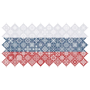 Muestrario de punto de cruz Quaker con la bandera de Rusia, cuadrados de patchwork en mosaico, diseño patriótico de Vivsters, gráfico contado en PDF 042RU