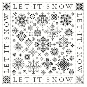 Könnte beinhalten: Schwarz-weiß-Illustration von Schneeflocken mit dem Text "Let it snow" wiederholt am Rand.