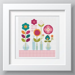 Cross Stitch Floral Patchwork Cute flowers, mini bottles & vases Shabby Chic Folk Art design by Vivsters PDF counted chart 064 image 3