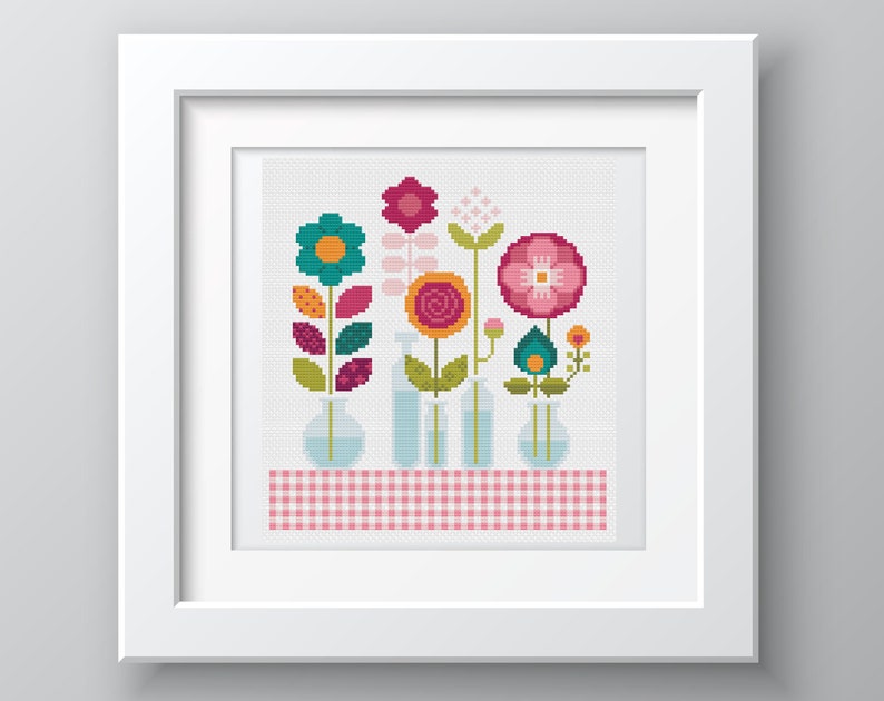 Cross Stitch Floral Patchwork Cute flowers, mini bottles & vases Shabby Chic Folk Art design by Vivsters PDF counted chart 064 image 3