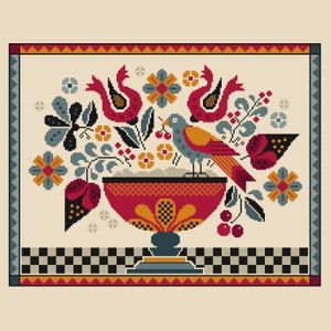 Cross Stitch Fraktur Tulips and Distelfink Flower Vase, American German Primitive Sampler, traditional style Folk Art PDF counted chart 325