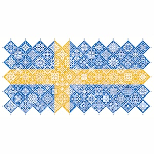 Cross Stitch Quaker Sampler Suecia Bandera mosaico mosaico cuadrados diseño patriótico por Vivsters, PDF contado gráfico 042SE