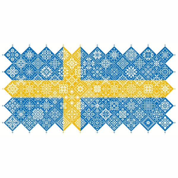Cross Stitch Quaker Sampler Sweden Flag tiled patchwork squares patriotic design by Vivsters, PDF counted chart 042SE