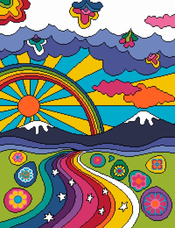 Cross Stitch Psychedelic Rainbow - 70s Flower Power