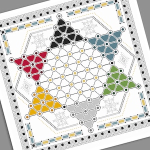 May include: A traditional game board with a star-shaped design. The board is divided into six sections, each with a different color: red, yellow, green, blue, black, and gray. The board is surrounded by a decorative border.