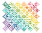 Cross Stitch Quaker Sampler, Banded rainbow tiled patchwork squares on white, Modern Folk Art design by Vivsters - PDF counted chart 042