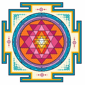 May include: A colourful geometric mandala featuring a central Sri Yantra design. The mandala is surrounded by a series of concentric circles in shades of blue, purple, orange, and yellow. The Sri Yantra is a complex geometric pattern that is considered to be a powerful symbol in Hinduism.