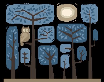 Scandinavian Owl Cross Stitch Pattern: Folk Art Night Scene (PDF Counted Chart 006B)