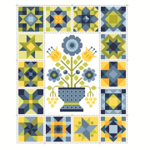 Gráfico de punto de cruz Patrón de bloques de patchwork para colcha de cuadrados con jarrón de flores primaverales. Diseño de arte popular de Viv - Patrón contado en PDF 117