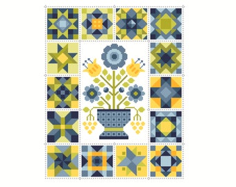 Cross Stitch Chart Patchwork Quilt Block Pattern Squares Quilt with Flower Vase. Folk Art design by Viv - PDF counted pattern 117