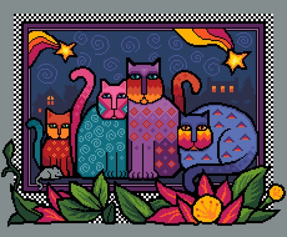 Midnight Cats Cross Stitch Pattern: Colorful Moggies Series (PDF
