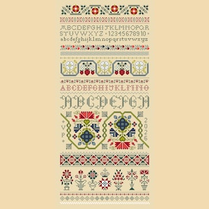 May include: A cross stitch sampler pattern on a light beige background featuring rows of floral motifs, geometric borders, and multiple alphabets in red, green, blue, and black thread. The design includes strawberries, vases, and the year 2026.