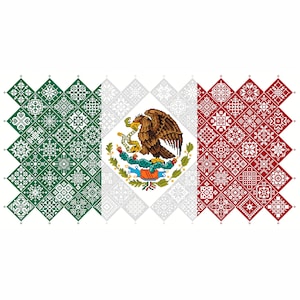 Cross Stitch Quaker Sampler Bandera de México con cuadrados de mosaico de mosaico de águila y serpiente diseño patriótico de Vivsters, gráfico contado PDF 042MX