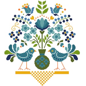 Węgierski wzór haftu krzyżykowego: Bukiet kwiatów i ptaki (PDF, schemat 161)