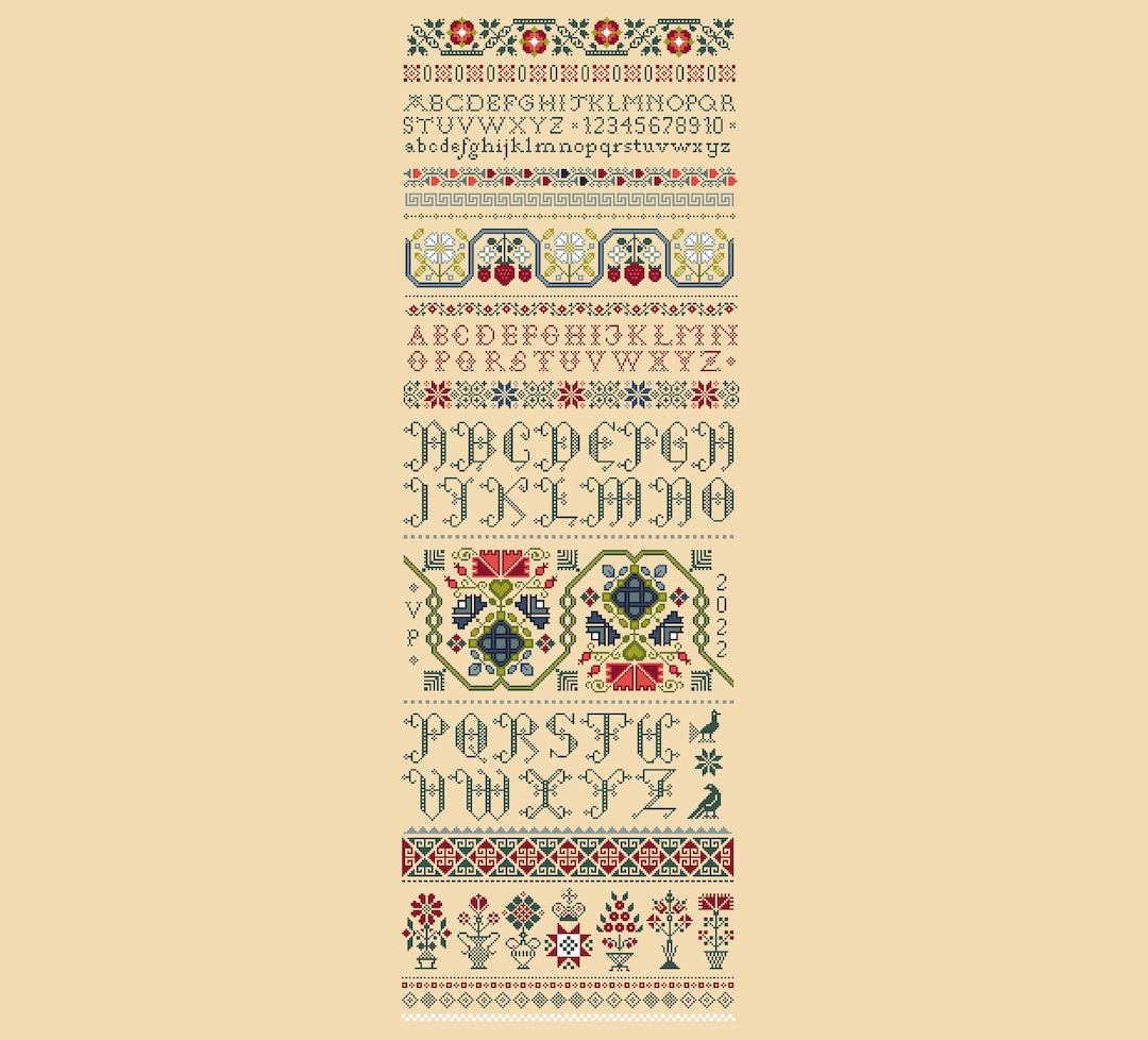 Cross Stitch Quaker SUPER LONG Band Sampler With Full Alphabets, Flowers, Vases, Borders