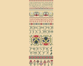 Cross Stitch Quaker SUPER LONG Band Sampler with Full Alphabets, flowers, Vases, Borders, Ackworth vintage folk art  PDF counted chart 107C