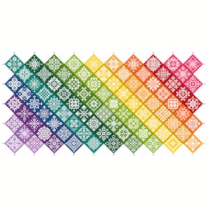 Cross Stitch Quaker Sampler Cuadrados de mosaico de azulejos de arco iris con bandas REVERSED, diseño de arte popular moderno de Vivsters - PDF contado gráfico 042M
