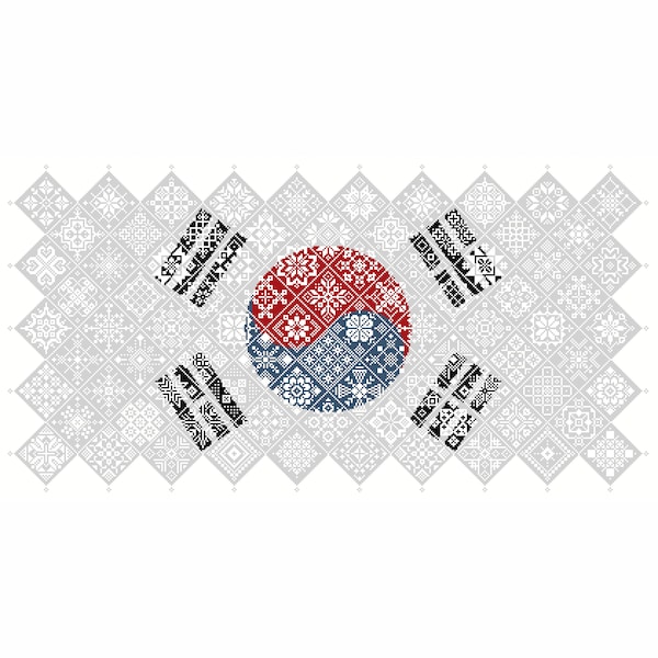 Kreuzstich-Muster Quäker-Sampler Süd-Korea-Flagge gekachelte Patchworkquadrate patriotisches Design von Vivsters, PDF-Karte 042KR