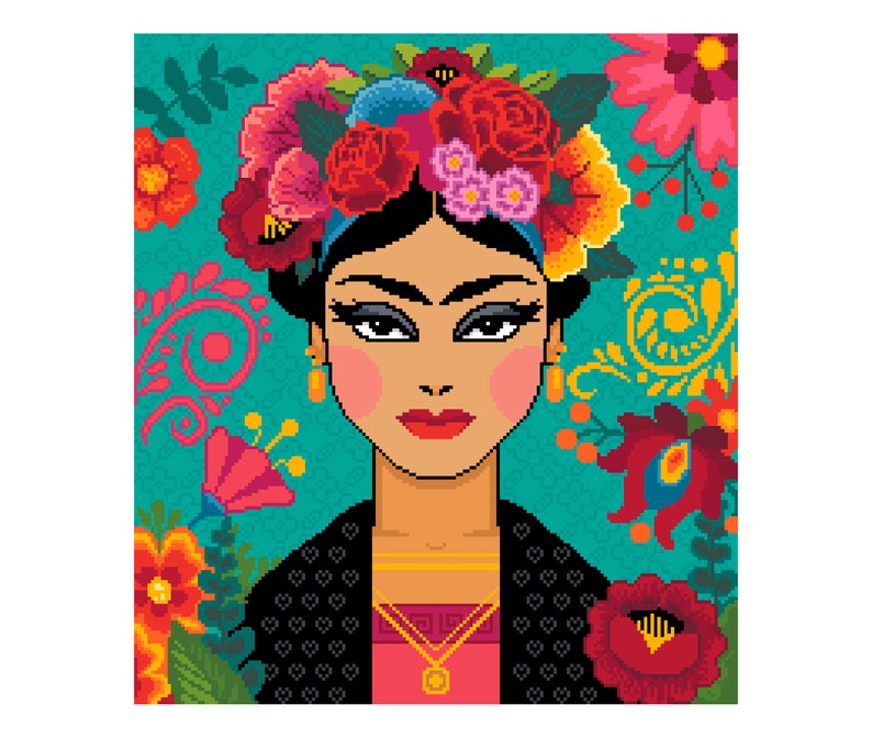 Cross stitch pattern Colourful Mexican lady, Mexican folk embroidery Contemporary cross stitch/tapestry chart by Vivienne Powers 121 image 1