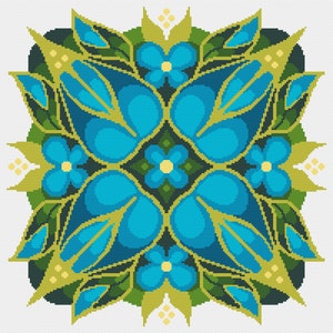 Cross Stitch Pattern 70s Mid Century Retro Swirling Flowers and Leaves Cushion, Lime Green turquoise Art Nouveau style instant PDF chart 104