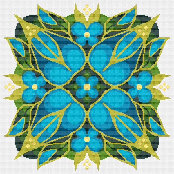 Cross Stitch Pattern 70s Mid Century Retro Swirling Flowers and Leaves Cushion, Lime Green turquoise Art Nouveau style instant PDF chart 104