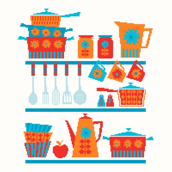 Mid-Century Kitchen Cross Stitch Pattern Orange Version (PDF Counted Chart 186B)