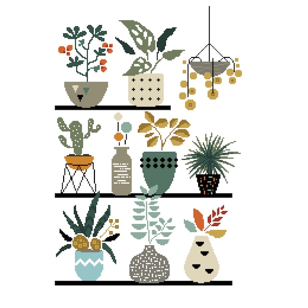 Cross Stitch Pattern, Mid Century styled House Pot Plants, Greenhouse modern/contemporary cross stitch/tapestry chart by Vivienne Powers 068