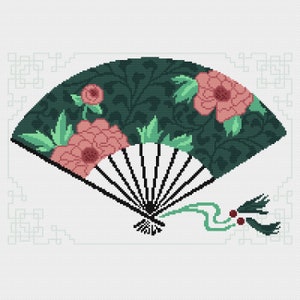 Cross stitch chart, Oriental Japanese Sansu Folding Peony Fan with tassles, PDF tapestry/chart by Vivsters - Cross Stitch Pattern - 082