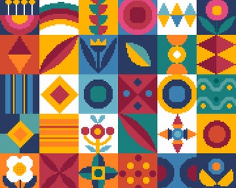 Cross Stitch Geometric Shape Sampler - Colourful Geometric Shapes Mosaic Tiles - Modern Folk Art design by Vivsters - PDF counted chart 069
