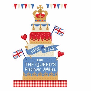 Cross Stitch pattern to commemorate HRH Queen Elizabeth II 70th Jubilee Party Cake with crown and flags design byVivsters counted chart 110A