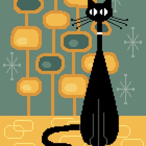 May include: A black cat with white eyes sits on a yellow and green patterned background. The cat has a white collar and its tail is curled behind it.
