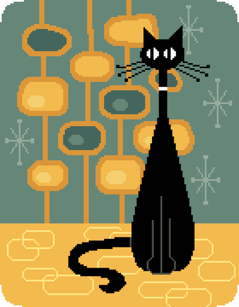 May include: A black cat with white eyes sits on a yellow and green patterned background. The cat has a white collar and its tail is curled behind it.