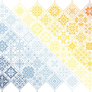 Cross Stitch Quaker Sampler, cuadrados de patchwork de azulejos con bandas mediterráneas, diseño de arte popular moderno de Vivsters - PDF contado gráfico 042L