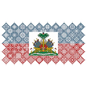 May include: A rectangular flag design featuring a horizontal split of blue and red, composed of a grid of small diamond-shaped patterns with white floral and geometric motifs. A central white square displays the coat of arms of Haiti.