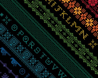 Angled Diagonal Rainbow Band Alphabet Long Sampler on Black - cross stitch/tapestry PDF chart by Vivsters - Cross Stitch Pattern 002C