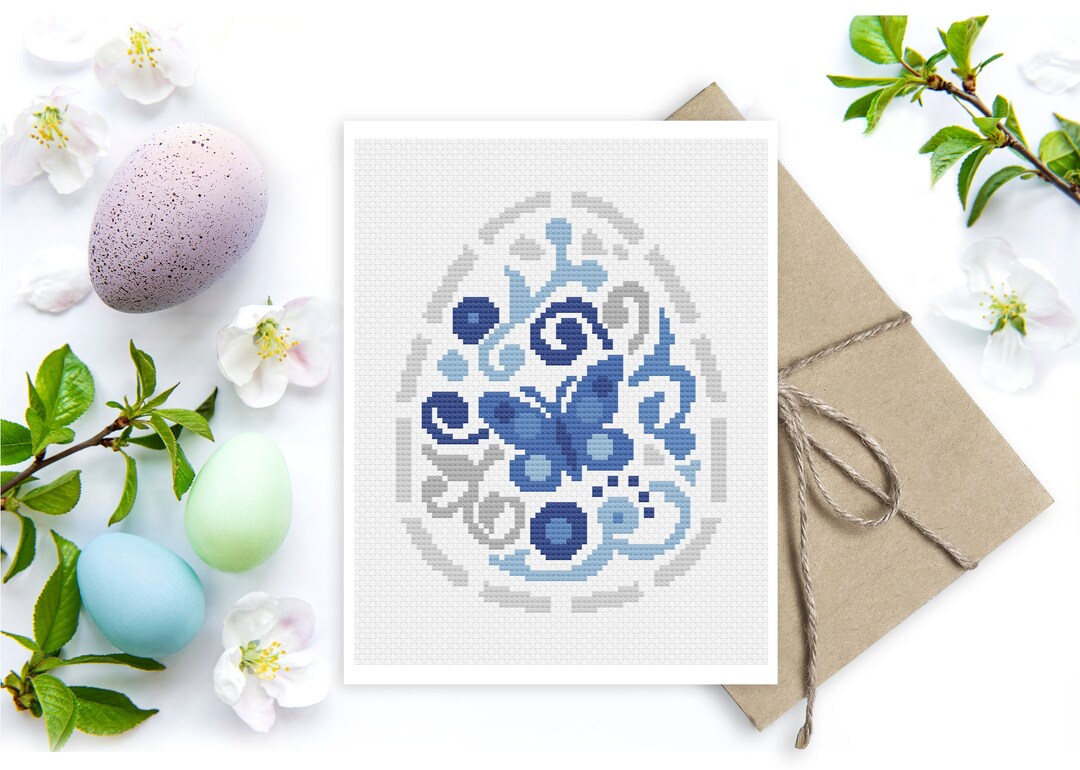 Cross Stitch Blue Butterfly Easter Egg Greetings Card Pattern - Modern ...